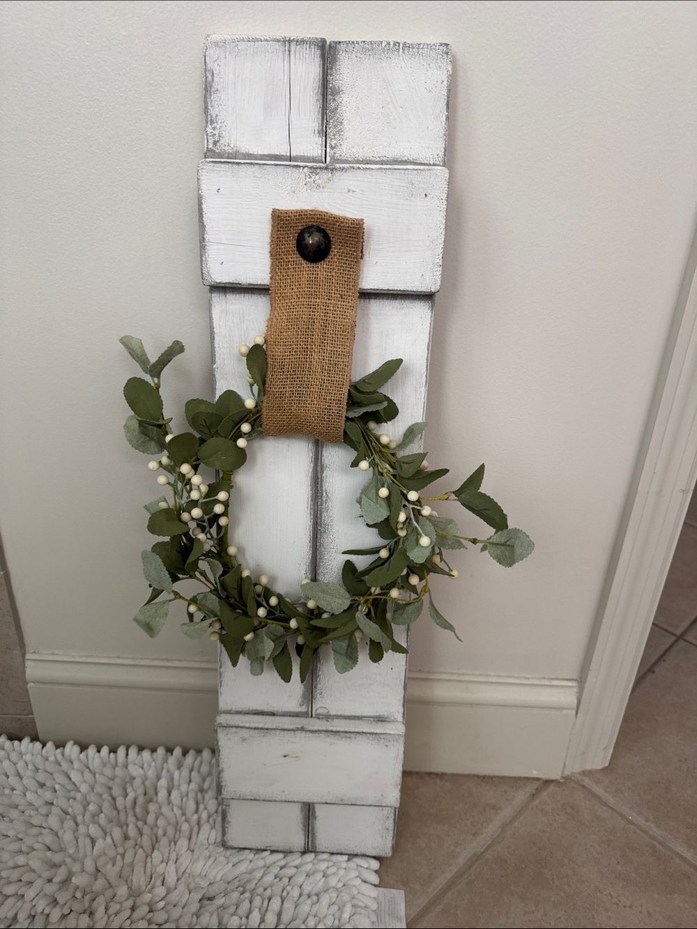 Rustic White Wooden Wall Plaque with Greenery Wreath